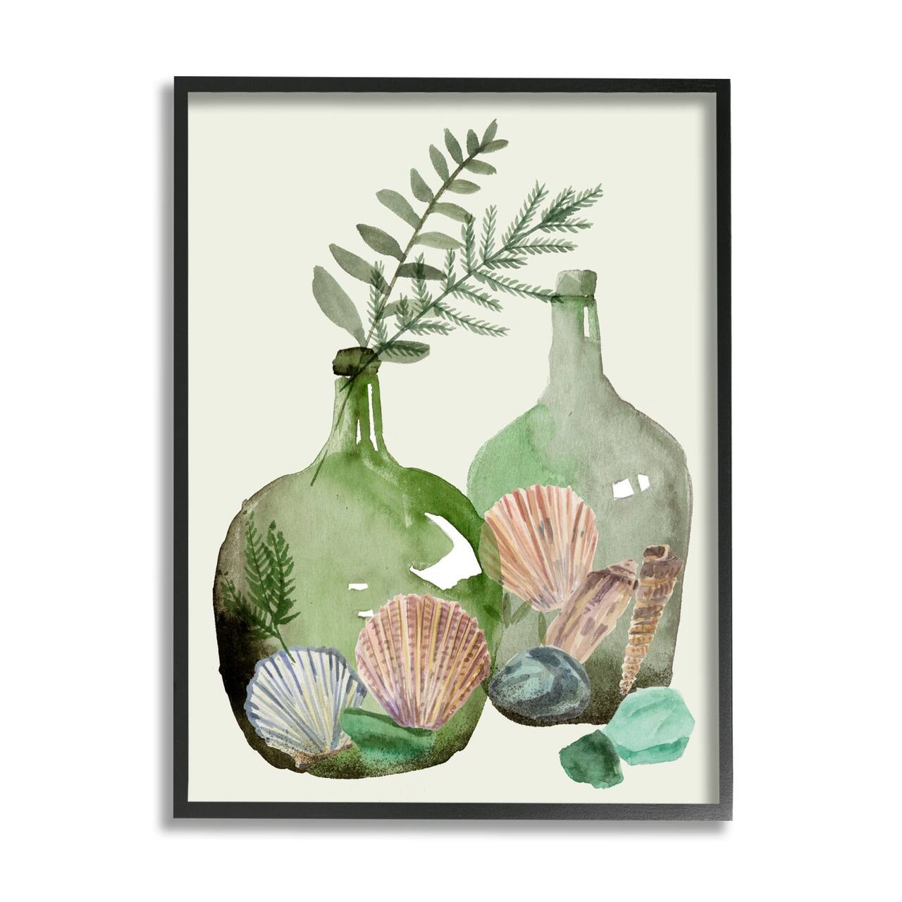 Stupell Industries Fern Foliage in Green Glass Jugs Nautical Seashells Framed Wall Art